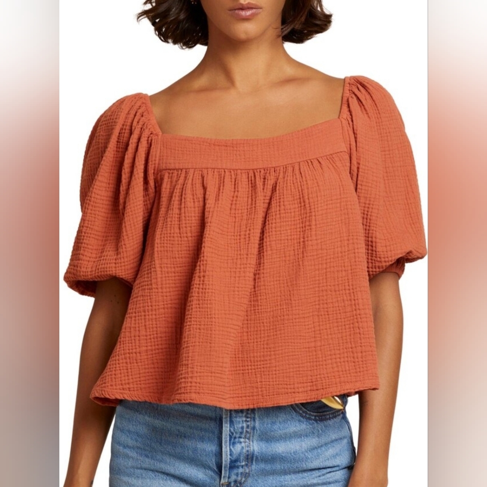 Nation LTD Puff Sleeve Ollie Blouse Size M Terracotta Square Neck Made In The US